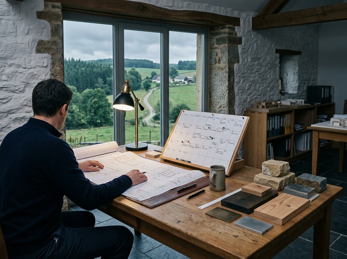 Le bureau de Bureau Schroeder à Junglinster : plans dépliés, calendrier de jalons et échantillons de matériaux