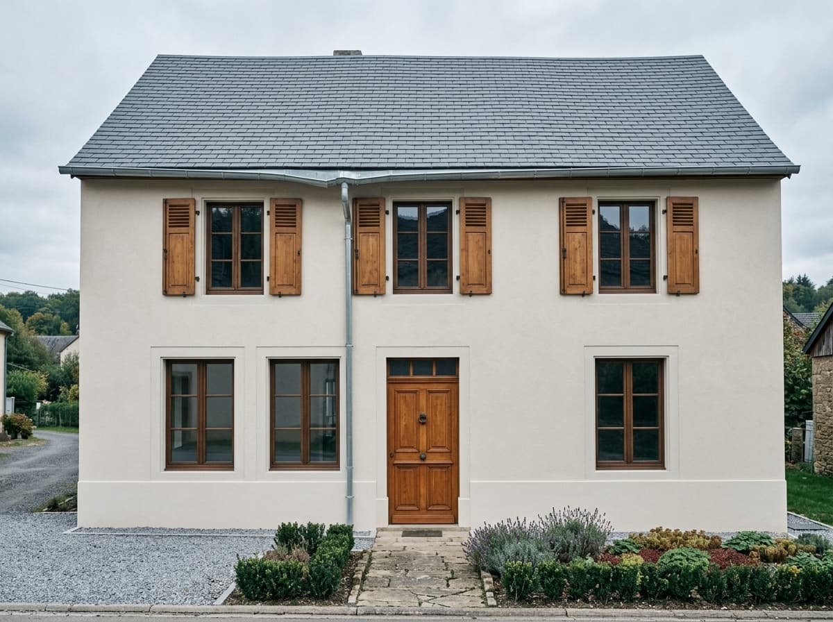 La même ferme après rénovation : enduit minéral clair, toiture en ardoise neuve, menuiseries bois à cadre fin