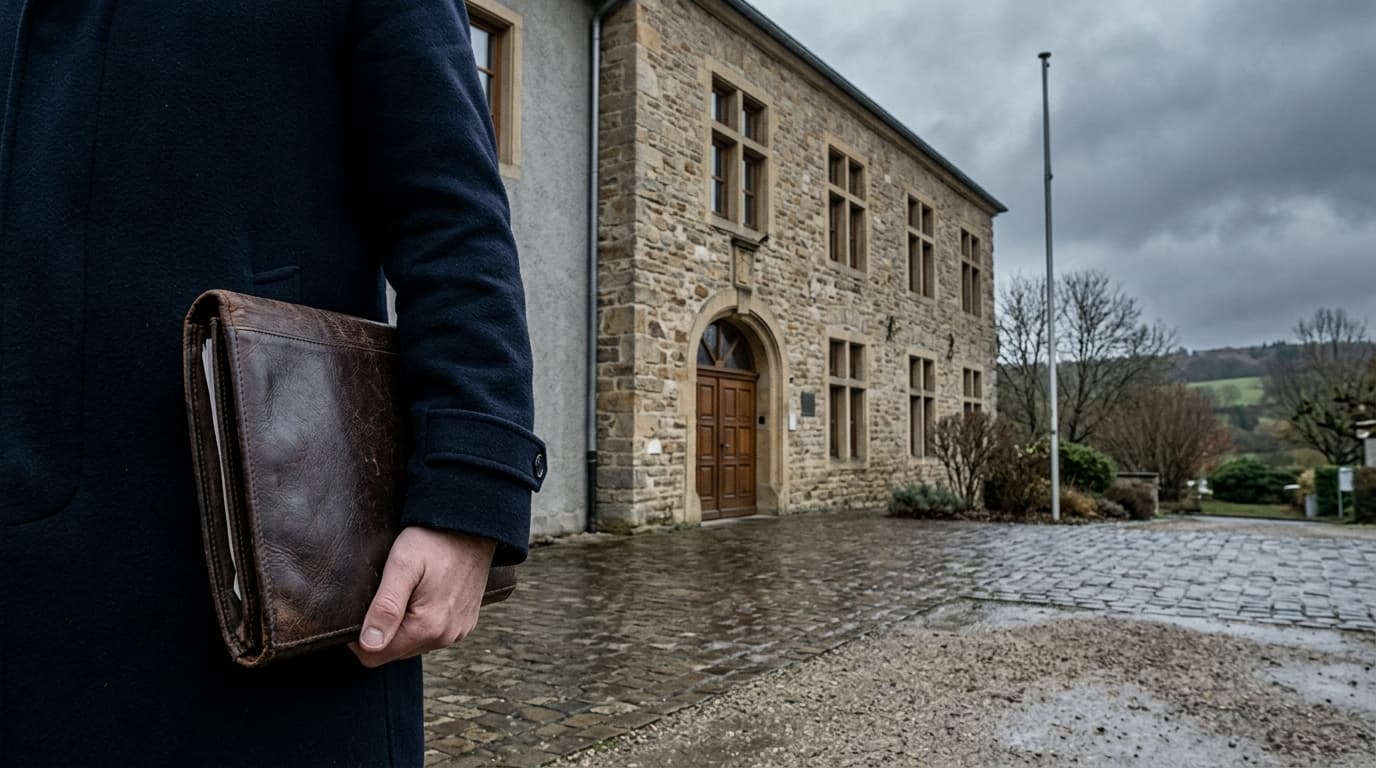Bâtiment administratif communal luxembourgeois, porte-documents au premier plan