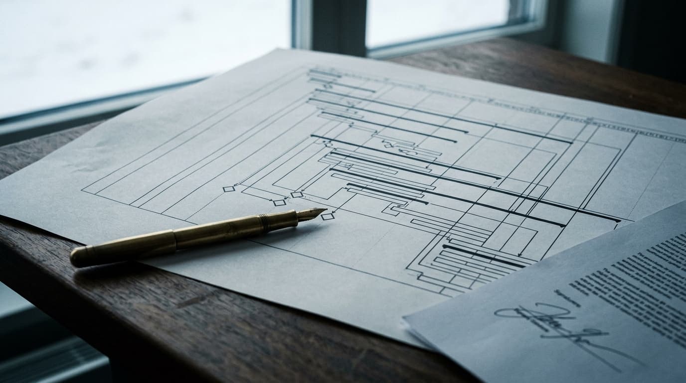 Planning de chantier imprimé avec jalons, stylo posé sur le jalon de réception