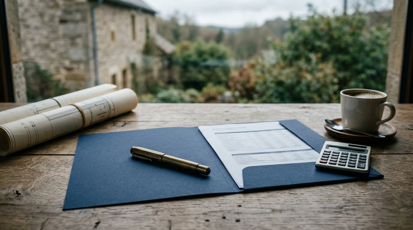 Proposition d'honoraires ouverte sur une table avec calculatrice et plans roulés
