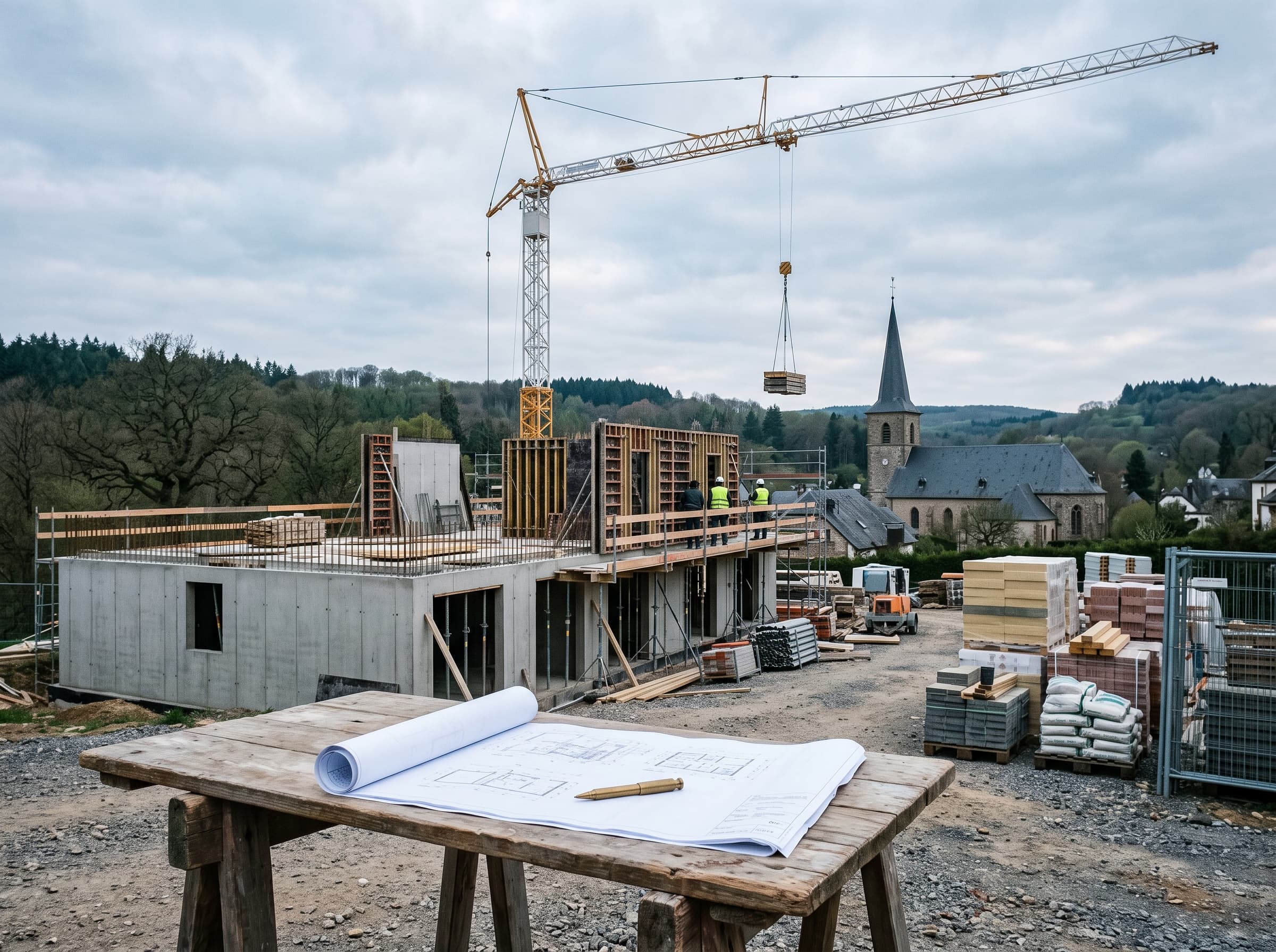 Chantier de construction d'une maison à Junglinster : plans posés au premier plan, grue et village en arrière-plan
