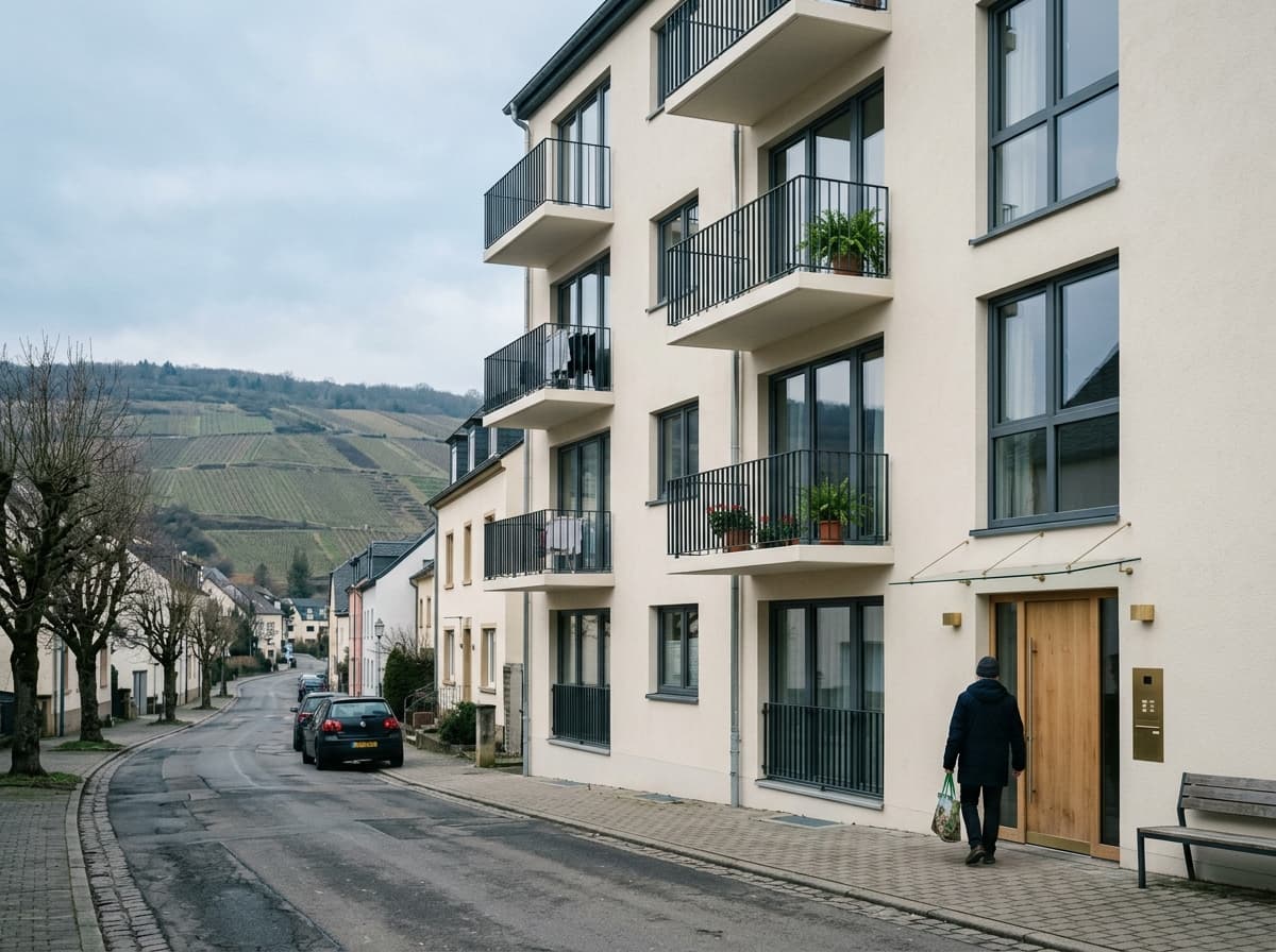 Résidence rénovée à Grevenmacher, façade claire et garde-corps métalliques neufs