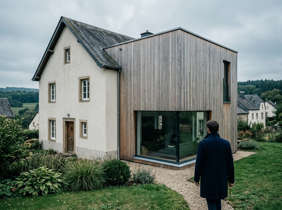 Extension à ossature bois et bardage mélèze sur maison traditionnelle à Mersch