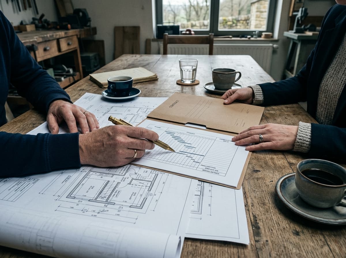Analyse d'un contrat de travaux et d'un calendrier sur une table de réunion