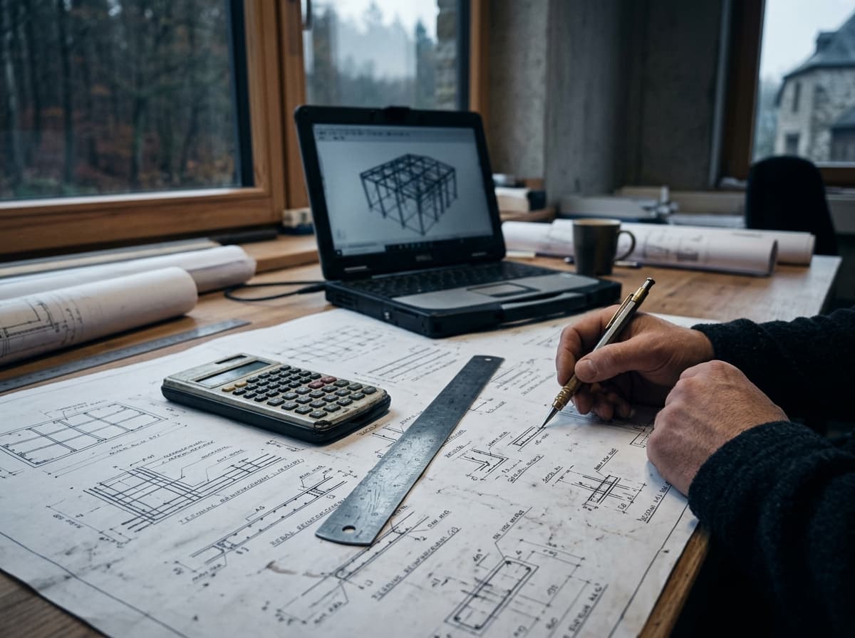 Plans de structure, règle en acier et calculatrice sur une table de travail