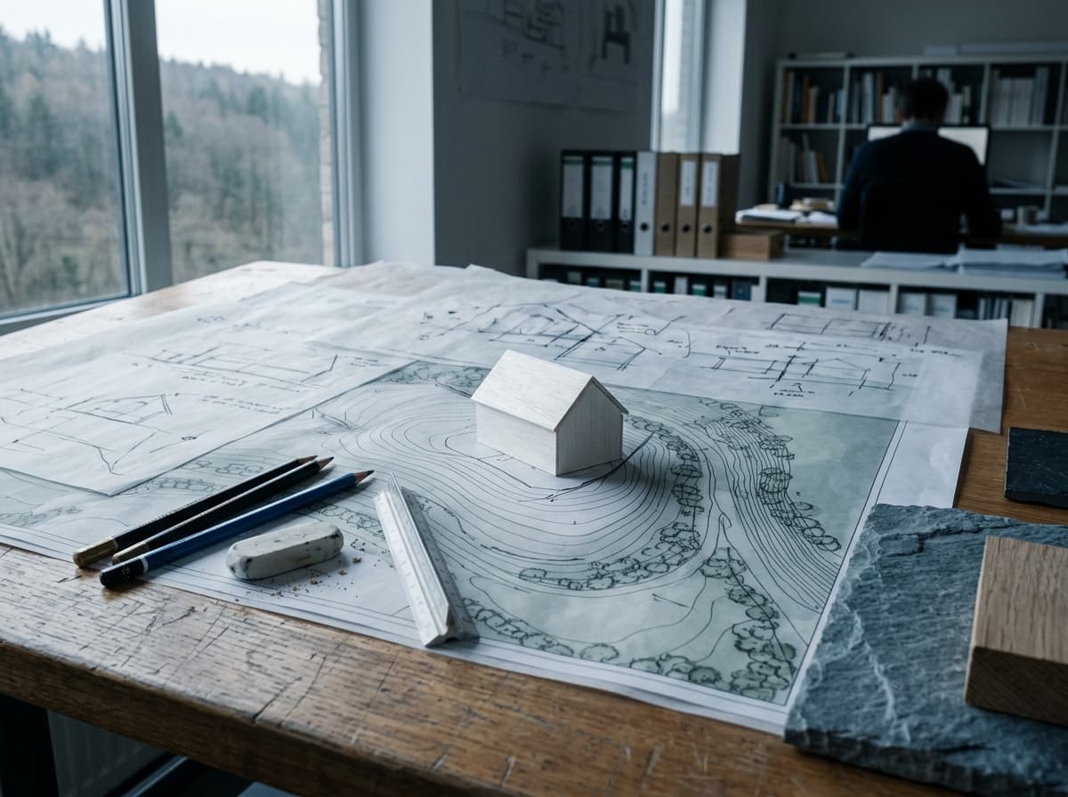Esquisses sur calque, maquette d'étude et échantillons de matériaux