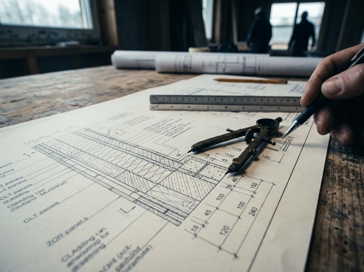 Détail de plans techniques de construction avec compas et règle graduée