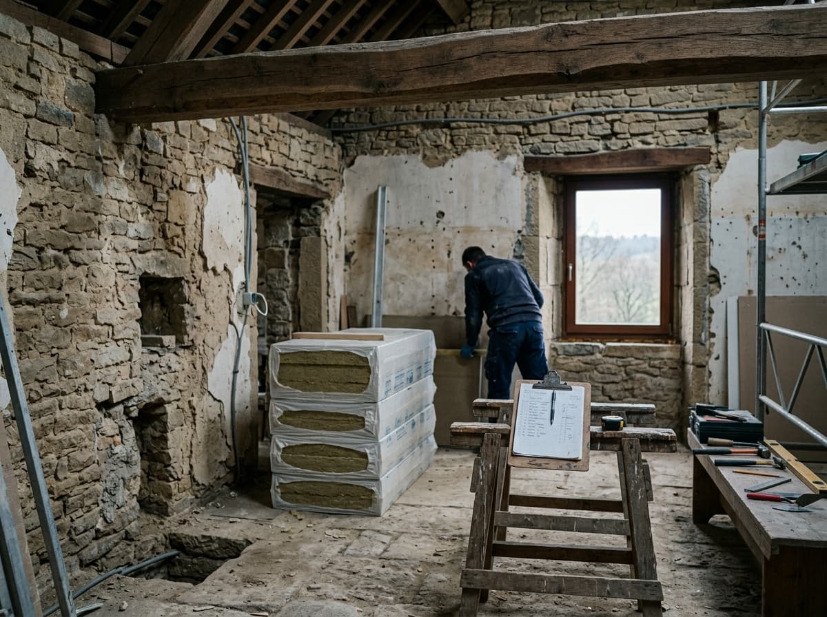 Ferme luxembourgeoise en cours de rénovation, poutres apparentes et isolation neuve