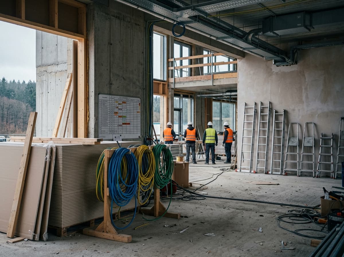 Chantier coordonné : planning affiché, matériaux rangés par lot, échelles alignées