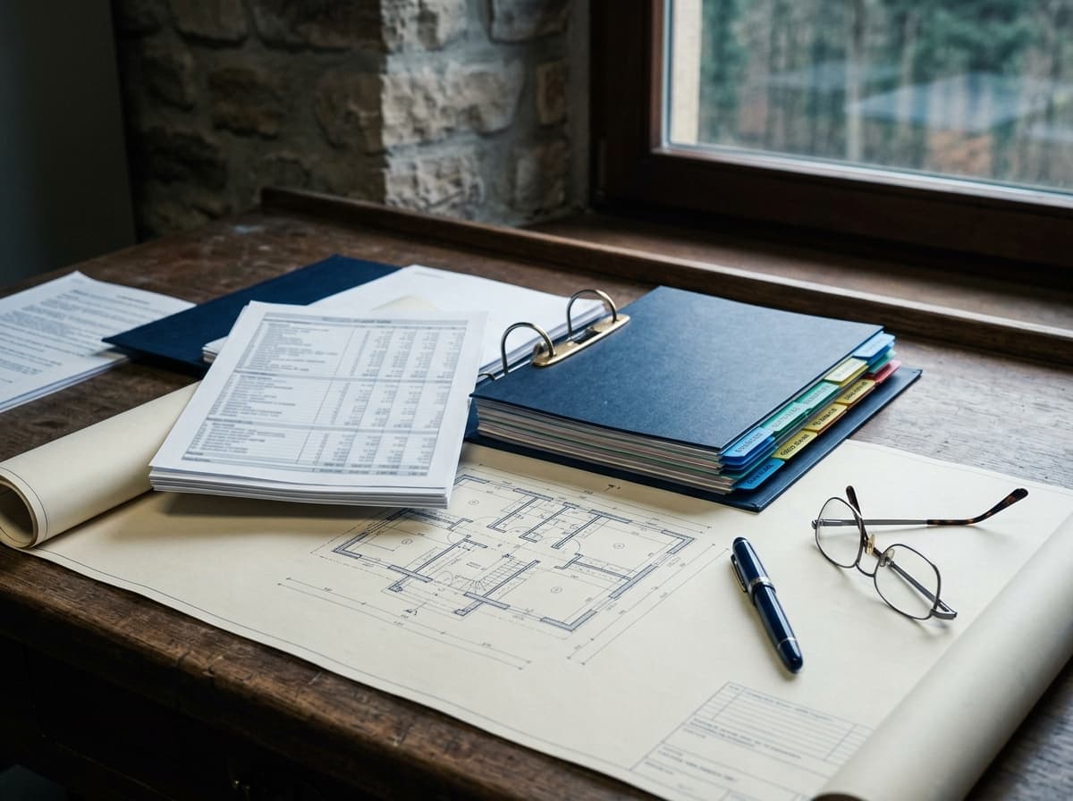 Tableaux de suivi budgétaire classés par lot, stylo plume et plans en arrière-plan