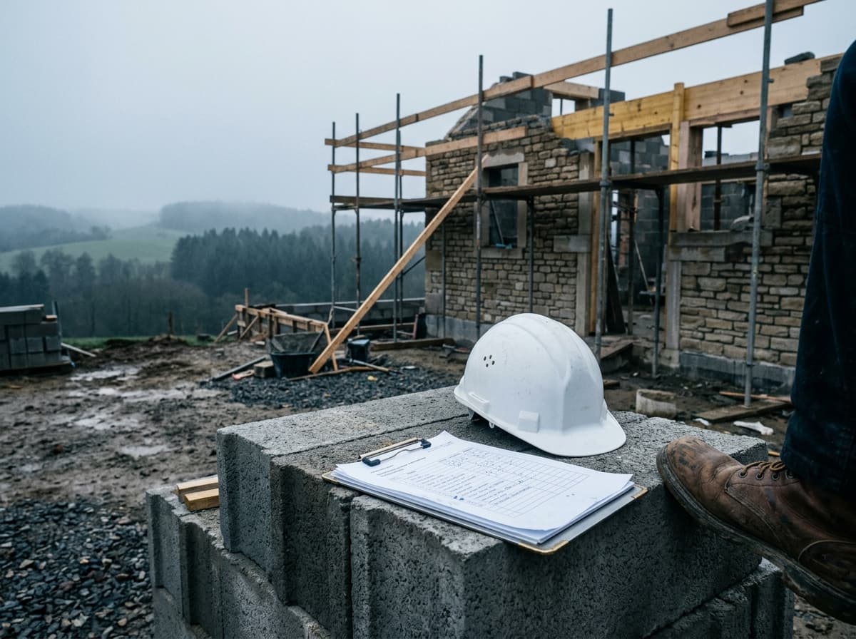 Casque de chantier et liste de contrôle posés sur des blocs de béton